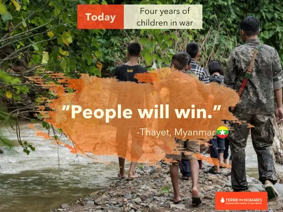 Children from Myanmar walking on a stream. In front of the image there is a text saying, "People will win"